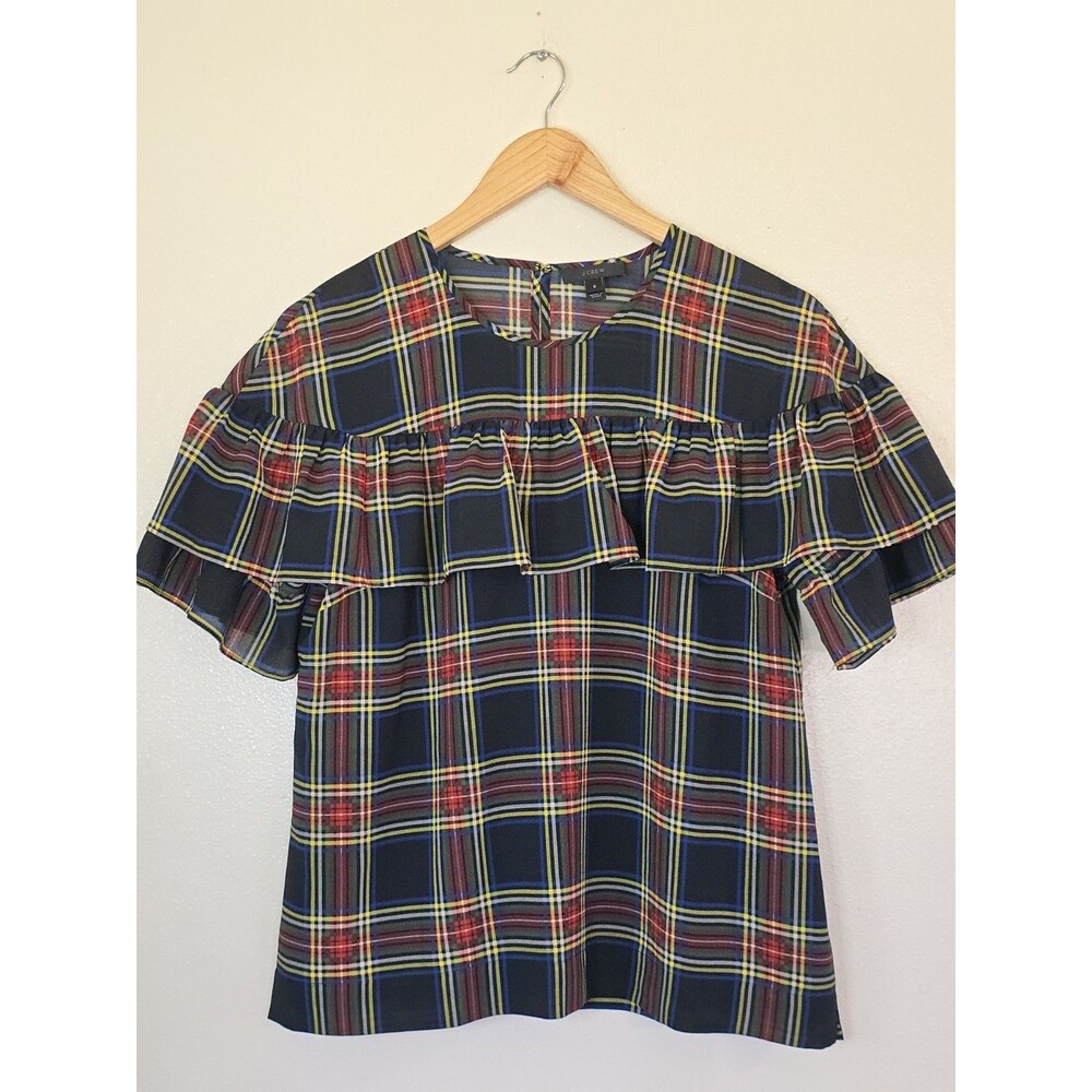 J. Crew Plaid Ruffle Blouse - Red, Yellow, Blue